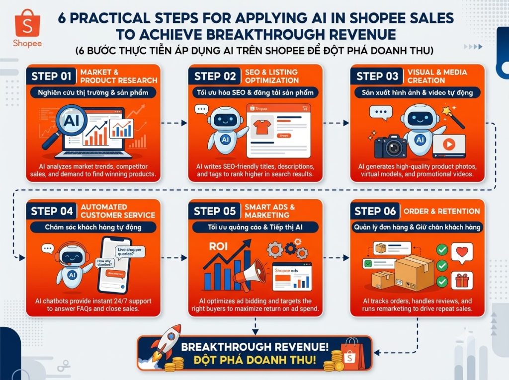  Sơ đồ 6 bước thực chiến ứng dụng AI bán hàng Shopee đột phá doanh thu