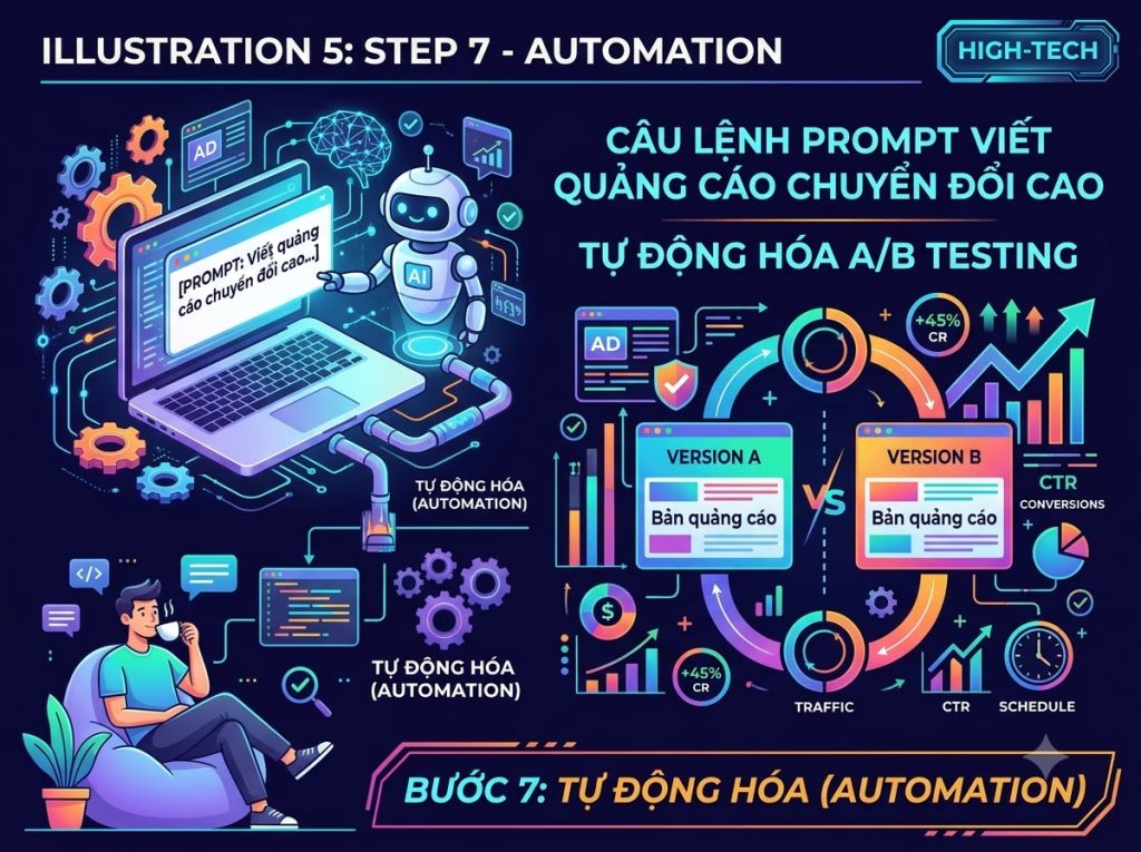 Câu lệnh prompt viết quảng cáo chuyển đổi cao kết hợp tự động hóa A/B Testing