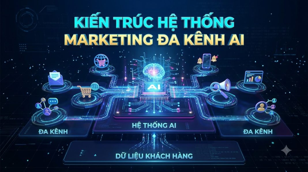 Sơ đồ kiến trúc hệ thống marketing đa kênh tích hợp AI vận hành tự động 5 tầng