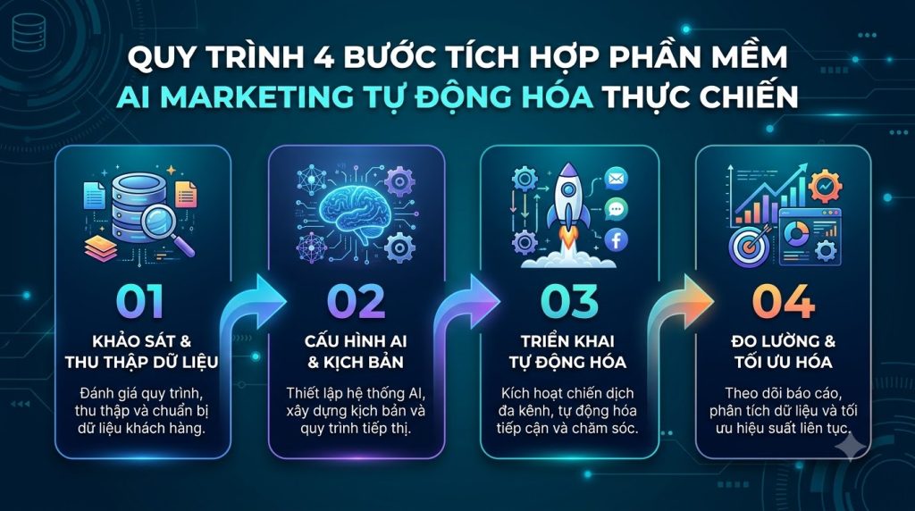 Quy trình 4 bước tích hợp phần mềm AI marketing tự động hóa thực chiến