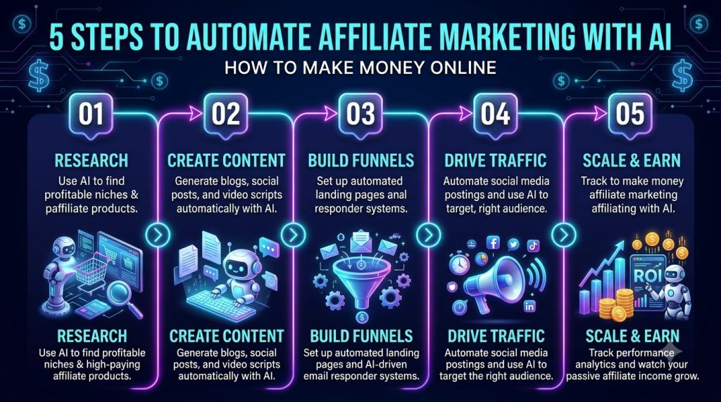 Quy trình 5 bước triển khai cách ứng dụng AI kiếm tiền online và tự động hóa Affiliate
