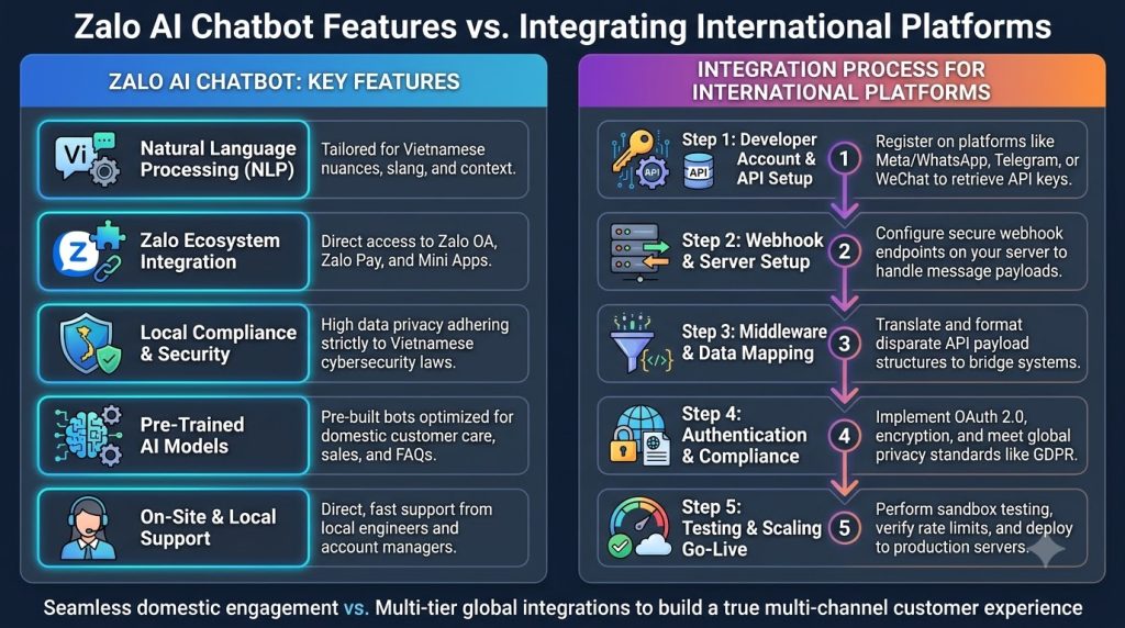 Sơ đồ so sánh tính năng Chatbot Zalo AI và quy trình kết hợp nền tảng quốc tế
