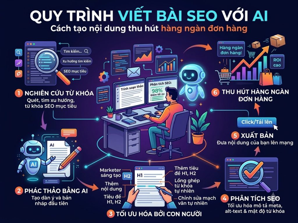 Quy trình viết bài chuẩn SEO bằng AI trong cách dùng AI viết content chuẩn SEO thu hút nghìn đơn hàng