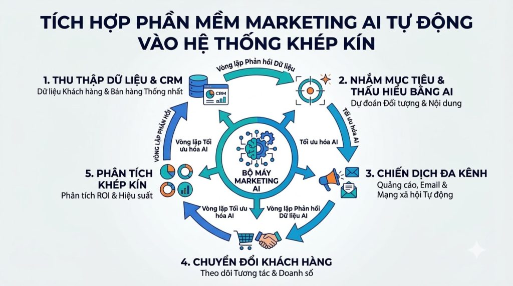  Sơ đồ tích hợp các phần mềm AI marketing tự động hóa thành hệ thống khép kín