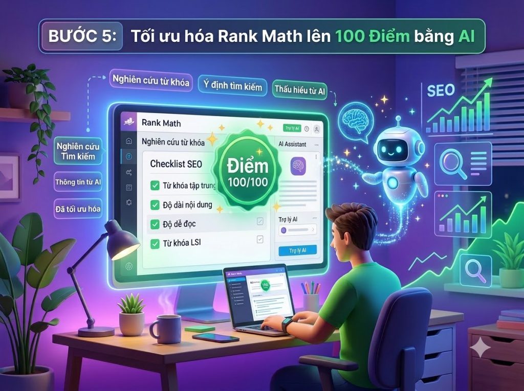 Tối ưu điểm Rank Math 100 cho bài viết nghiên cứu từ khóa bằng AI