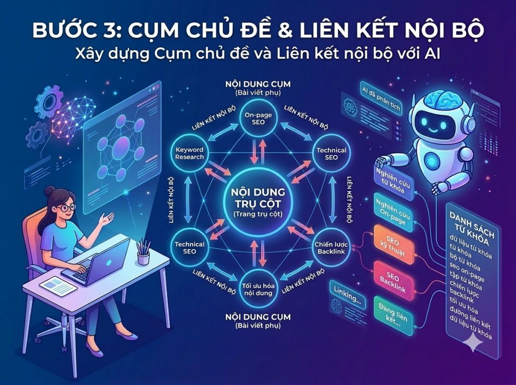 Xây dựng cấu trúc Topic Cluster và liên kết nội bộ trong nghiên cứu từ khóa bằng AI